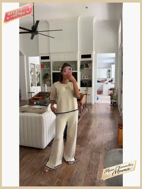 Knit Lounge Set Short Sleeve Pullover Elastic Waist Wide Leg Pants Y2K - Picture 7 of 7